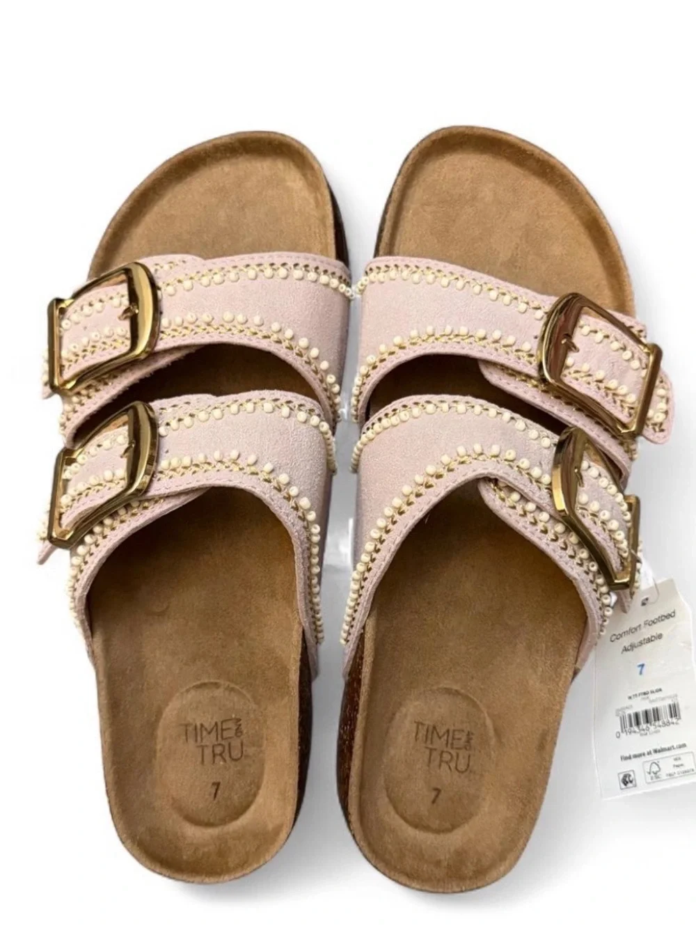 Time and Tru Pink Double-Buckle footbed Studded Slide Sandals